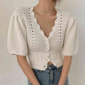 Gentle White V Neck Puff Sleeve Hook Flower Hollow Out Knitted Top Loose Temperament Single Breasted Short Cardigan 210429