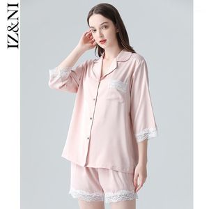 Sleepwear feminino iizzini 2021 pijama de verão feminino fino gelo seda doce cor pura costura cor contratada shorts terno de lazer