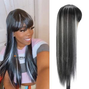 180% Density Straight Human Hair Wig With Bangs Full Machine Made Fringe Wig Remy Brazilian Grey Highlight Wigs Humans Hairs