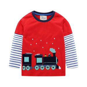 Saltando metros outono primavera vermelho bebê t-shirt manga longa algodão infantil t shirt applique trem moda crianças tops 210529
