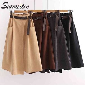 Surmiitro Outono Inverno Meio-comprimento Saia Mulheres Estilo Coreano Super Qualidade Preto Cintura Alta Midi Saia Longa Feminina com Cinto 210730