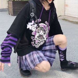 QWEEK E Girl Kawaii Hoodie Tracksuit Black Hoodie with Anime Long Sleeve Korean Style Sweatshirt Oversized Gothic Kpop 211220