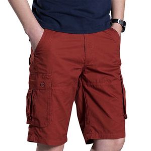 2021 Cotton Mens Cargo Casual Shorts Combat Outdoor Wear Knee Length Summer Pants Pocket Solid Color Loose Short Pants X0705