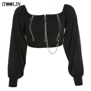 Itoolin Goth T-Shirt Reißverschluss up Crop Top Frauen von Schulter-Tees-Ketten Langarm Y2K T-Shirts Gothic Dark Black Vintage Kleidung 210702