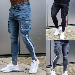 Mens striped Safari Style Brand Black Jeans Skinny Ripped Destroyed Stretch Slim multi-pocket Pants With Holes Men Jeans