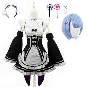 RAM / REM Cosplay Re: Zero Kara Hajimeru isekaja Seikatsu Blue Blue Red Costume Maid Servant Sukienka Y0903