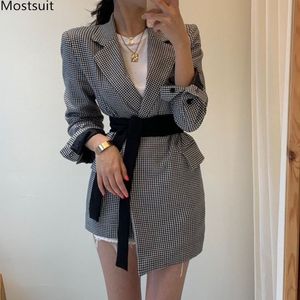 Primavera Outono Mulheres Houndstooth Blazer Casaco Vintage Manga Longa Desligado Collar Túnica Jaqueta com Bolsos 210518