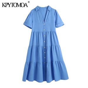 Женщины шикарный мода с панелями Button-Up MIDI платье винтажные короткими рукавами рукава женские платья Vestidos Mujer 210416