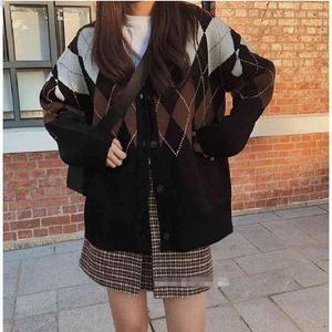 plus Plaid Oversize Women's Sweaters Autumn Winter Casual Black V Neck Cardigans Single Breasted Puff Sleeve Loose Cardigan 210417