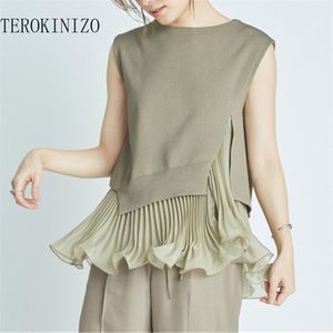 TEROKINIZO Kamizelka Kobiety Moda Ruffles Dwa kawałek O-Neck Sleeve Tank Top Summer Casual Slim Fit Dzianiny Topy Japan Style 210819