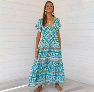 Sexig tryckt sommar maxi klänning djup v hals kort ärm vintage vestido strand boho casual kläder långa kvinnor klänningar 2021