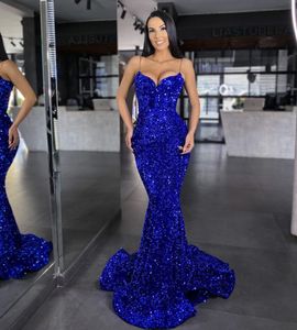 Royal Blue Sequins Evening Dresses Prom Gowns for Women Birthday Party Wear Backless Middle East Abiye Dubai Caftan Plus Size Mermaid Spaghetti Straps