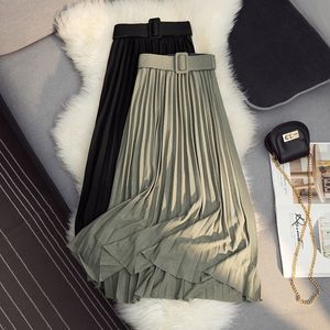 Autumn winter skirt drape texture pleated high waist large Womens with belt leisure A-line Pleated Mid-Calf 210420