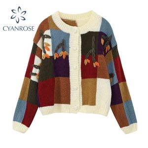 Maglioni lavorati a maglia primaverili Top Cardigan con ricami floreali da donna Maglieria a quadri Elegante casual allentato a maniche lunghe da donna coreana 210417