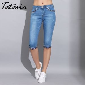 1 Denim Skinny Capris Pant per donne Stretch Polka Dot Jeans Elastico Ginocchio Lunghezza del ginocchio Femmina 210514