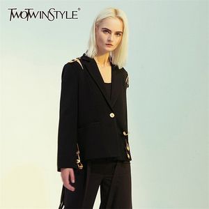 Casual Patchwork Metal Pin Blazer For Women Notched Long Sleeve Black Blazers Female Spring Clothing 210524