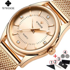 Wwoor Gül Altın Kadın Saatler Lüks Marka Elmas Kuvars Bayanlar Bilek İzle Elbise Kadın İzle Kadınlar Için Reloj Mujer 210527