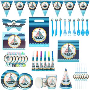 Disposable Dinnerware Nautical Set Theme Party Tableware Paper Cup Plate Hat Straws Children's Birthday Decorations