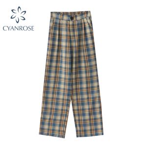 Harajuku plaid raka byxor kvinnor vintage casual lös brett ben streetwear överdimensionerade höga midja kvinnliga koreanska byxor kvinnor 210417