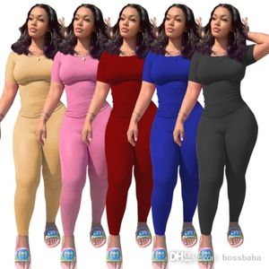 Kvinnor Tracksuits Två Piece Set Solid Casual Sexy Sports Suit Hem T-shirts Byxor Stickade Outfits Bodycon Plus Size Women Clothing