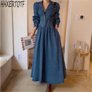 spring autumn temperament women Puff sleeve denim dress v-neck high waist slim big swing long 210531