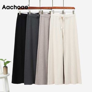 Aachoae 2020 Casual Wide Leg Knitted Pants Women Solid High Waist Drawstring Trousers Elegant Striped Long Pants Femme Pantalon Q0801