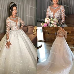 Glitter Suknia Balowa Cekiny Suknie Ślubne 2021 Sheer Neck Z Długim Rękawem Koronki Kraj Kościół Bridal Suknie Sweep Pociąg Arab Applique Vestido de Noiva