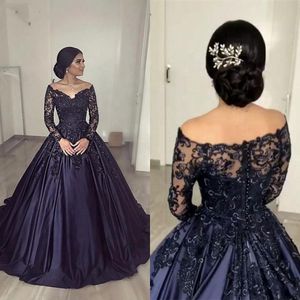 2021 Abiti Quinceanera blu navy sexy Scollo a V Applicazioni di pizzo Maniche lunghe in rilievo Raso Dolce 16 Abito da festa taglie forti Abiti da sera da ballo