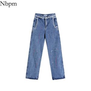 Nbpm kvinnor retro mode färg punkt design lregulär ficka denim byxor hål rippad kvinna jeans hög midja lös 210529