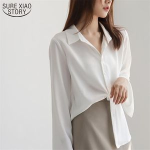 Chiffon Long Sleeve Women Shirt Autumn Lazy Loose Top Trumpet Solid White Blusas Mujer 12608 210508