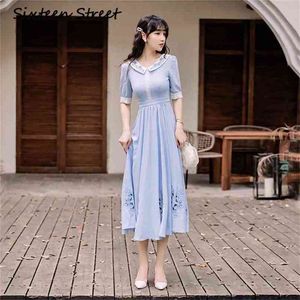 Chiffon Evening Party Dress Maxi Blue Sweet Floral Embroidery O-neck Short Sleeve Long Women Dresses Elegant Summer 210603