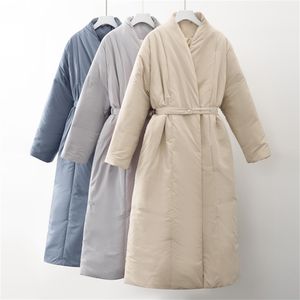 Design kvinnor vintergrad tjock kappa varm parka överdimensionerad maxi lång kappa med bälte avslappnad ytterkläder 211023