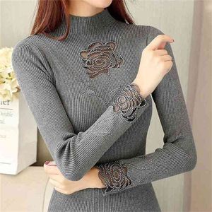 Rose Embroidery Turtleneck Sweater Women Spring Autumn Diamonds Transparent Slim Knit Pullover Jumper M9D503Y 210421