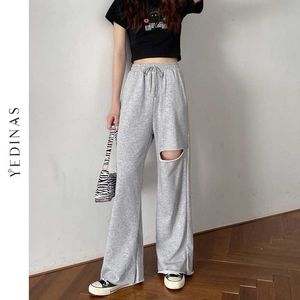 Yedinas Breite Beinhosen Frauen Casual Streetwear Lose Outfits Hohe Taille Hip Hop Loch Jogger Frühling Weibliche Taschen Jogginghose 210527