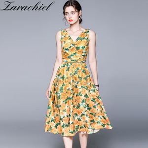 Summer Holiday Runway Lemon Yellow Flower Printed Beach Dress Women's Sleeveless V-Neck Lace-Up Boho Poplin Sundress 210416