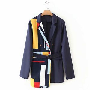 [Ewq] 2021 Vår New Sweet Blazer Women Jacket Patchwork Lace-up Ladies kostym Koreansk stil Kontrast Stripes Ladies Office Coat X0721