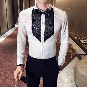 Weiß Schwarz Smoking Hemd Männer Pailletten Patch Solide Langarm Kleid Slim Fit Hemden Bühne Hochzeit Prom Gentleman Bluse Männlich 210626