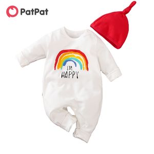 Frühling und Herbst 2-teiliges Baby I'M HAPPY Regenbogen-Print-Jumpsuits mit Hut-Set für weiße Kleidung 210528