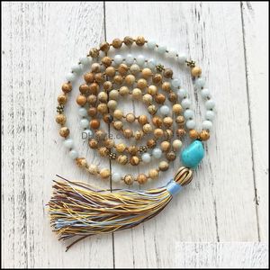 Hängsmycke Halsband Hängsmycken Smycken 108 Knotted Mala Halsband Meditation Pärlor Buddhist Bön Bild Jaspers Tassel för lugnande NCE-slang