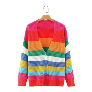 HSA Maglione arcobaleno Cardigan Chic Button Salti invernali lavorati a maglia Donna Coreano Casual a righe Mujer nvierno Top 210430