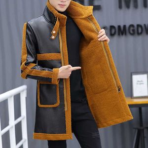 Brand Faux Leather Jackets Men Mid-length Coat Autumn Winter Fleece Windbreaker Warm Trench Coats Ropa De Hombre M-4XL 210527