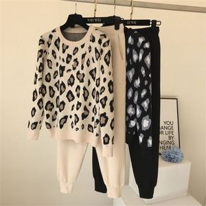 Women Sweatsuits Knitted Suits Leopard Long Sleeve O-neck Sweater + Elastic Waist Pocket Harem Pants Sets Tracksuit 210603