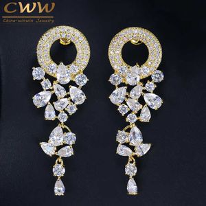 Gorgeous White Cubic Zirconia Paved Long Drop Yellow Gold Color Women Wedding Earrings Jewelry For Brides CZ106 210714