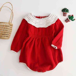赤ちゃんの女の子編み物2021秋の赤い女の子の服新生児の赤ちゃんの女の子服ファッションニットロンパールオーバーオール秋のセーターG1221