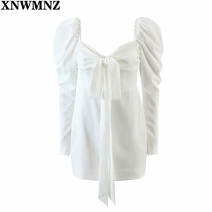 Women Retro Center Bow Bandage Dresses White Long Sleeve Mini Sexy Square Collar Sheath Vestidos Summer Party 210520