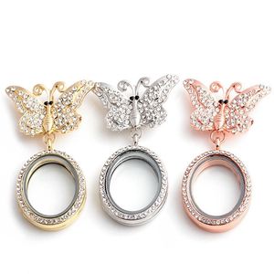Pins, broches 3 pcs strass borboleta redonda de vidro vivos mediatórios de memória fit flutuar encantos pingente jóias