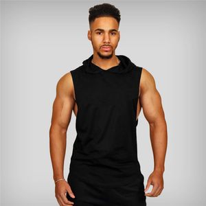 New Homens Bodybuilding Tanques Tops Ginásios Fitness Workout Mangas Sem Mangas Homem Casual Sólido Com Capuz Colete Masculino Muscle Guys Roupas 210421