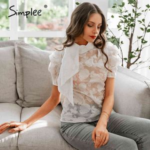 Borboleta Neck Senhoras Blusas Camisas Bolha De Manga Curta Verão Verão Feminino White Tops High Street Estilo Apertado Mulheres Blusa 210414