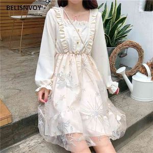 Lolita Gothic Cosplay Sukienka Japoński Styl Retro Kwadratowy Kołnierz Cute Kawaii Lampion Rękaw Mesh Haft Fairy ES 210520