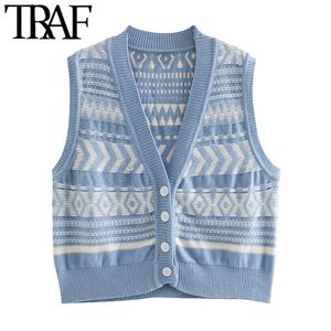 TRAF Kobiety Moda Geometryczny Wzór Kamizelka Kamizelka Sweter Vintage V Neck Bez Rękawów Kobiet Kamizelka Chic Topy 210415